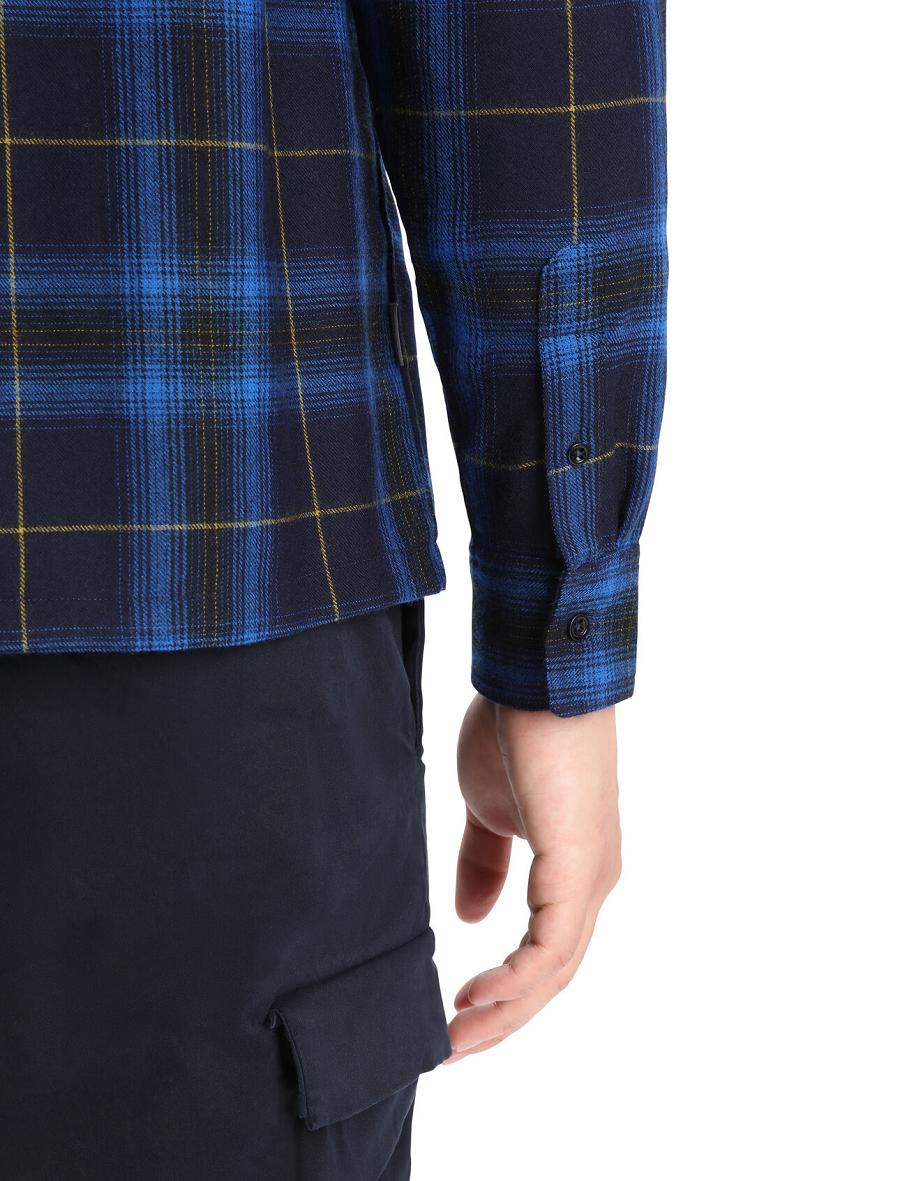 Icebreaker Merino Dawnder Long Sleeve Flannel Shirt Plaid Férfi Kapucnis Pulóver Sötétkék | HU 1255OKIR